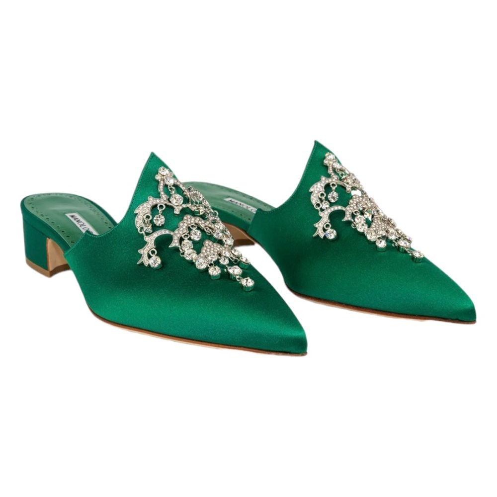 MANOLO BLAHNIK  LENTAFA  EMERALD GREEN SATIN MULE 39 OR 9